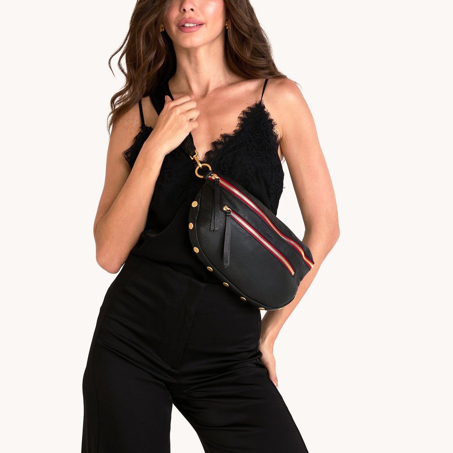 Charles Crossbody | Black/Brushed Gold Red Zip | Lrg