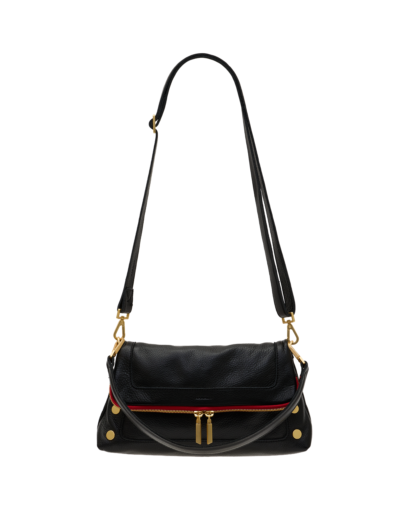 A black leather shoulder bag with a long strap, gold-tone hardware, and a thin red stripe detail across the front, shown against a plain white background.
