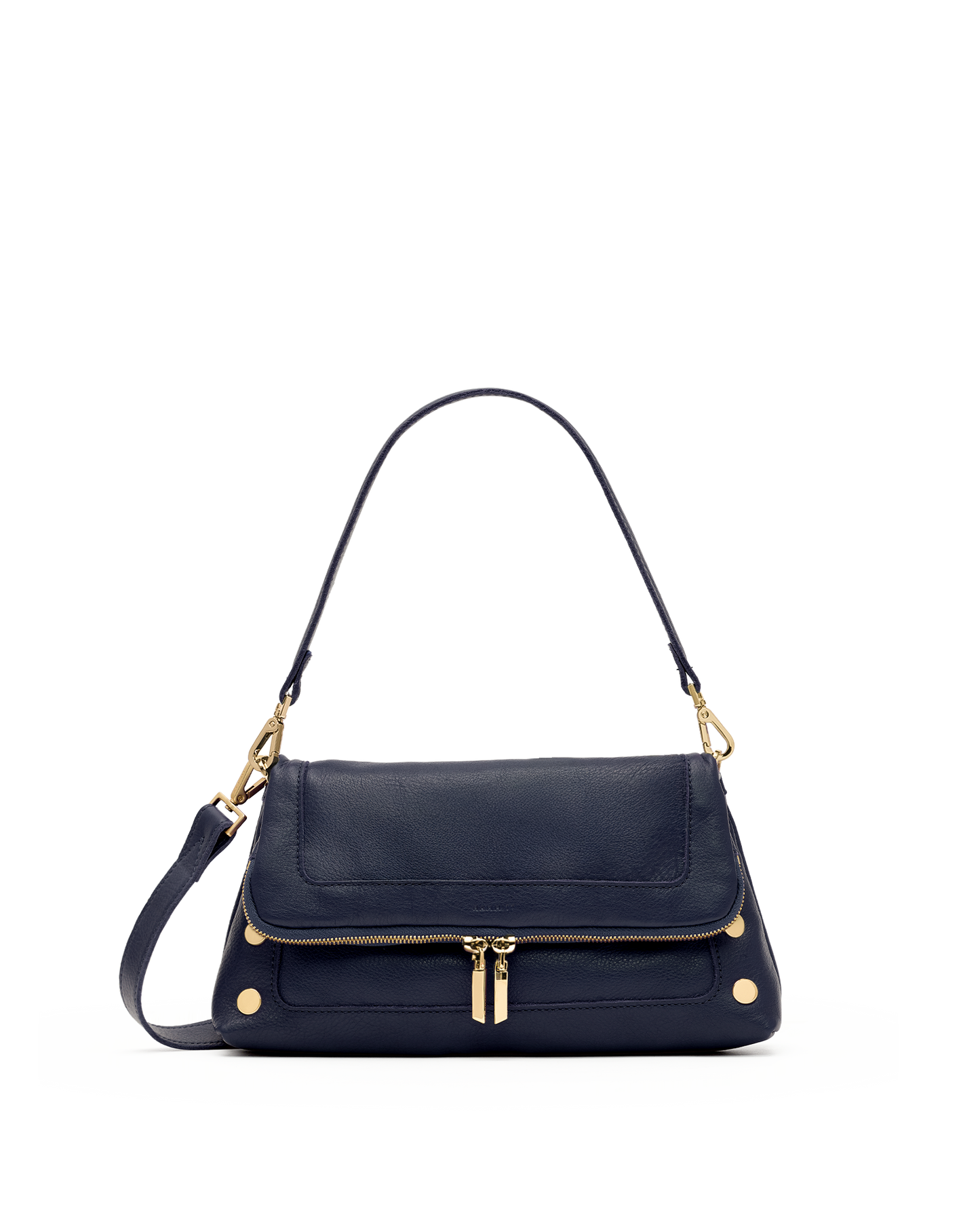 A navy blue leather shoulder bag with gold-tone hardware, featuring a front flap pocket, a top zip closure, and a detachable shoulder strap, shown against a plain white background.