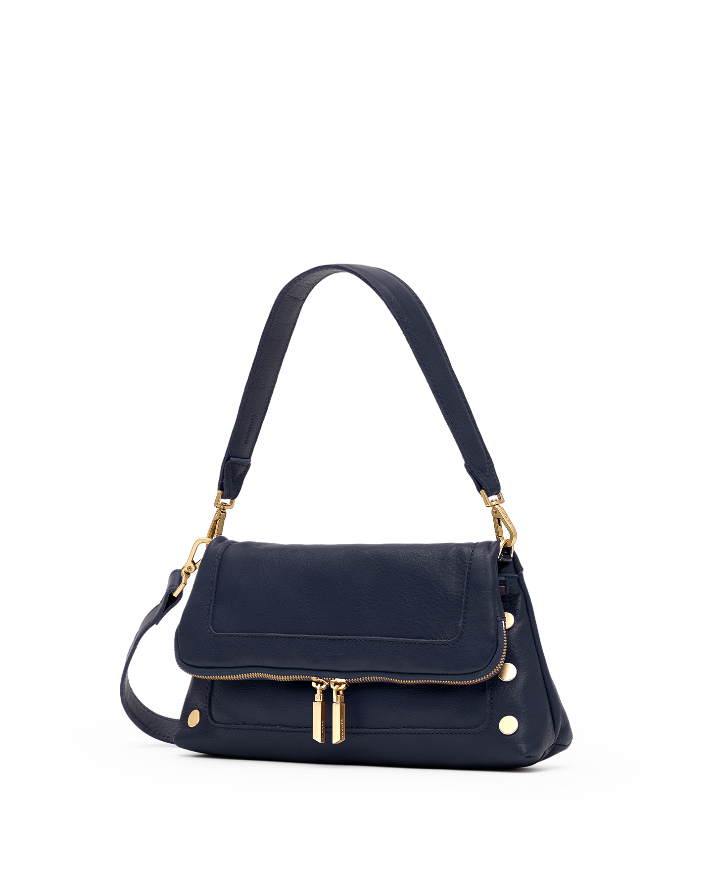 A navy blue leather shoulder bag with gold-tone hardware, featuring a flap front, a top handle, and a detachable shoulder strap, shown against a plain white background.