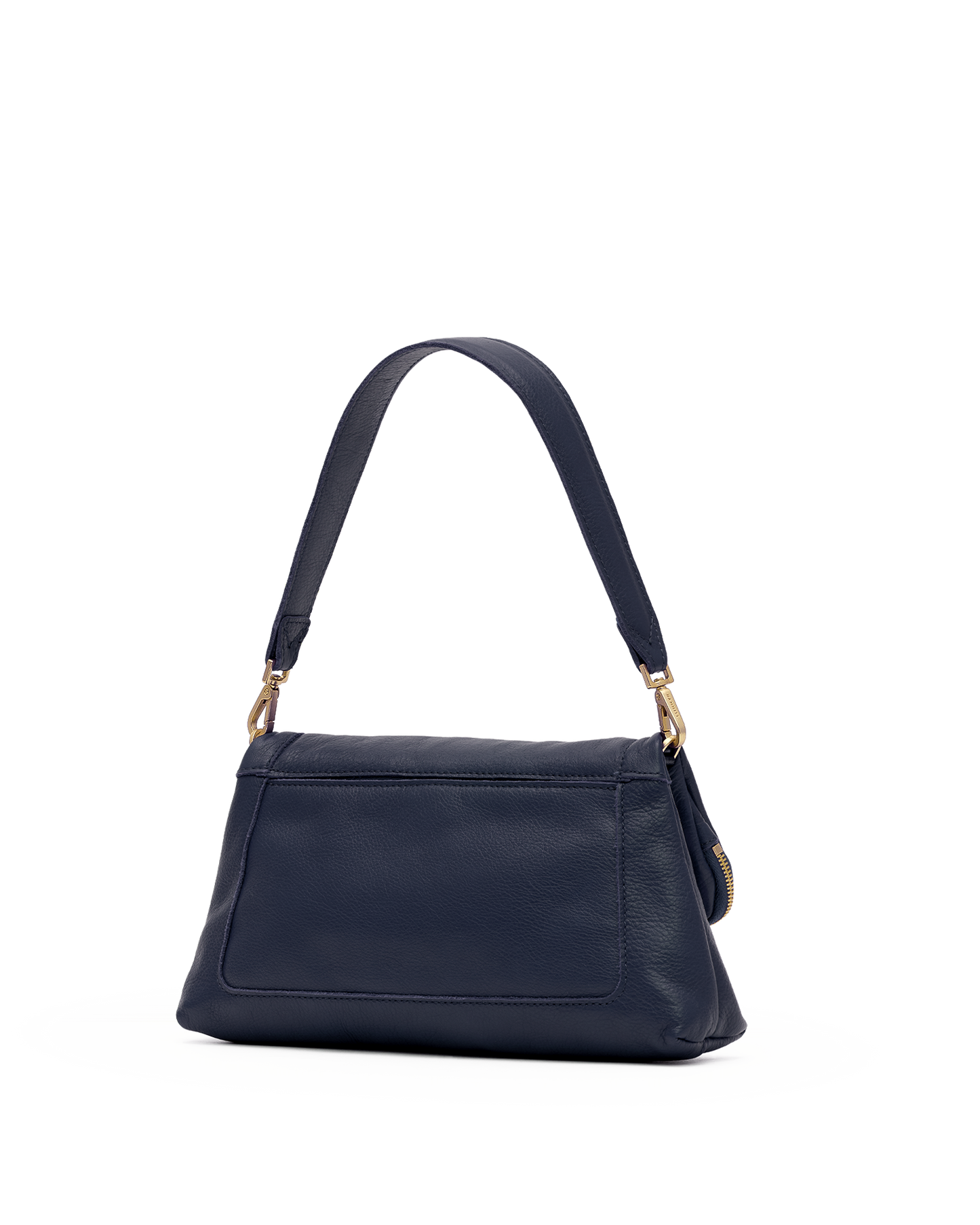 A navy blue leather shoulder bag with a single strap and gold-tone hardware, shown against a plain white background.