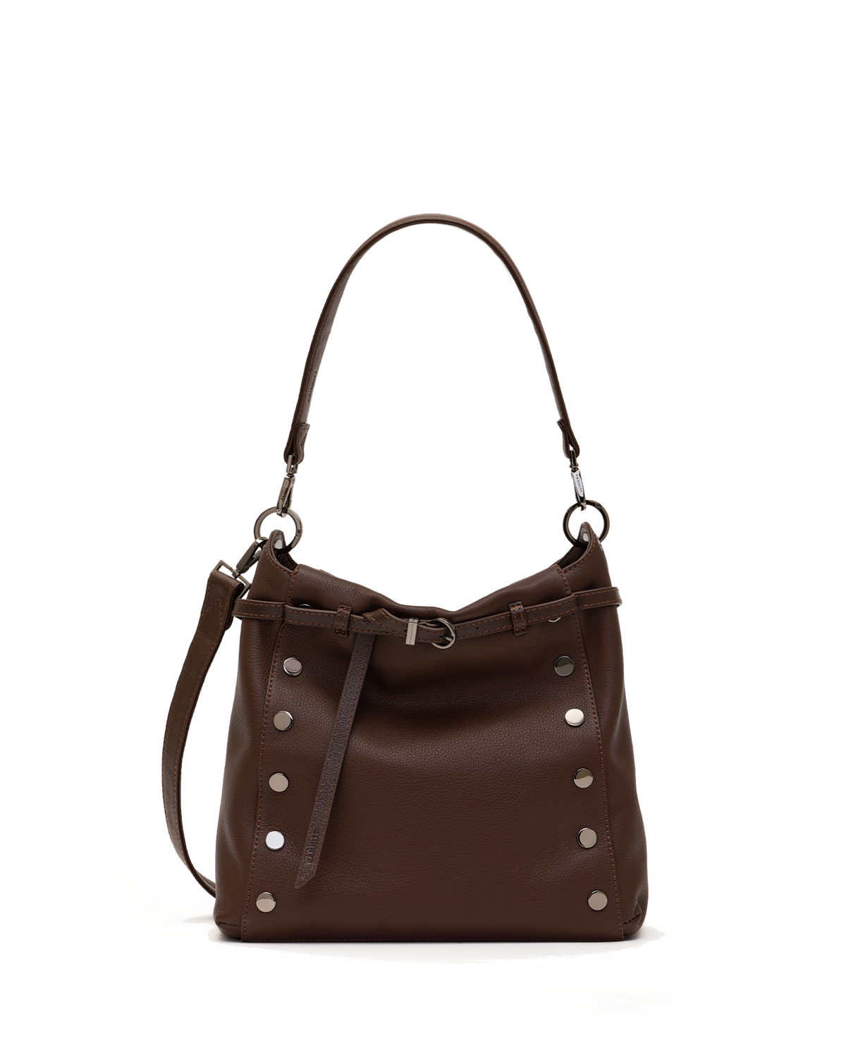 A dark brown leather shoulder bag with silver-tone studs and a matching leather strap detail, shown on a plain white background.