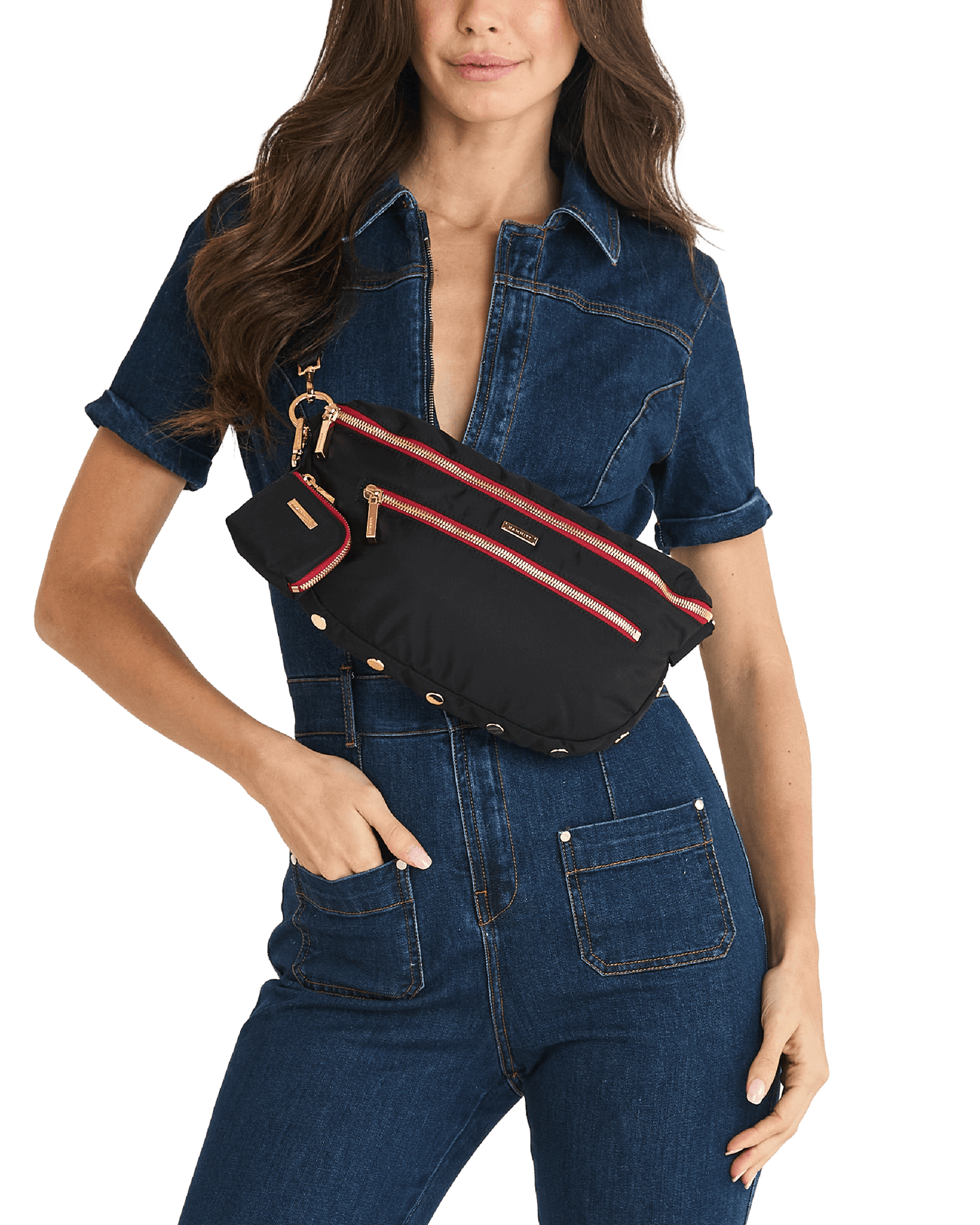 Charles-Crossbody-Lrg-Black-Nylon-G-Red-Zip-Model-View
