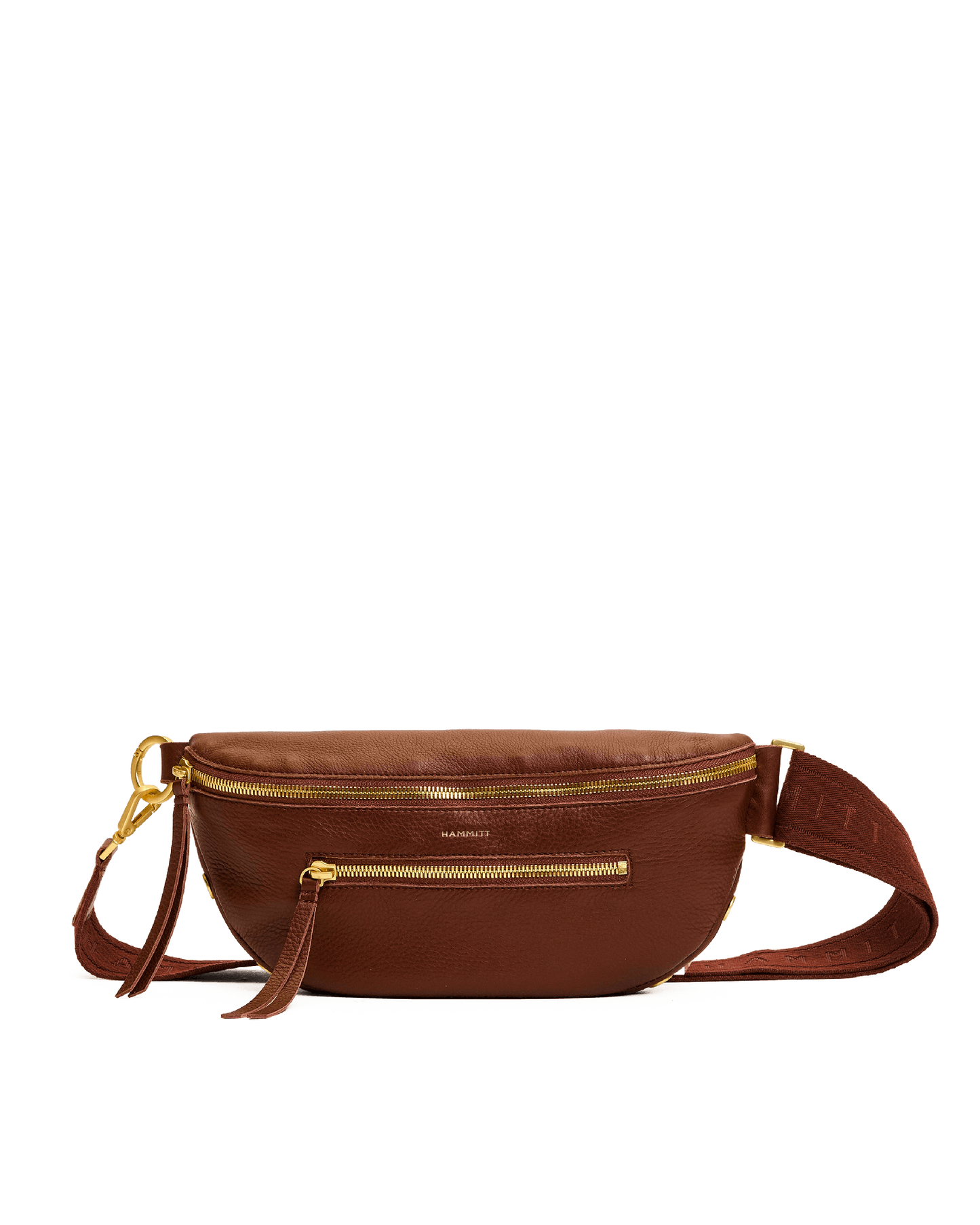 Brown leather waist bag with gold zipper on a white background