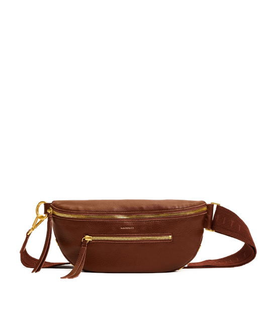 Brown leather waist bag with gold zipper on a white background