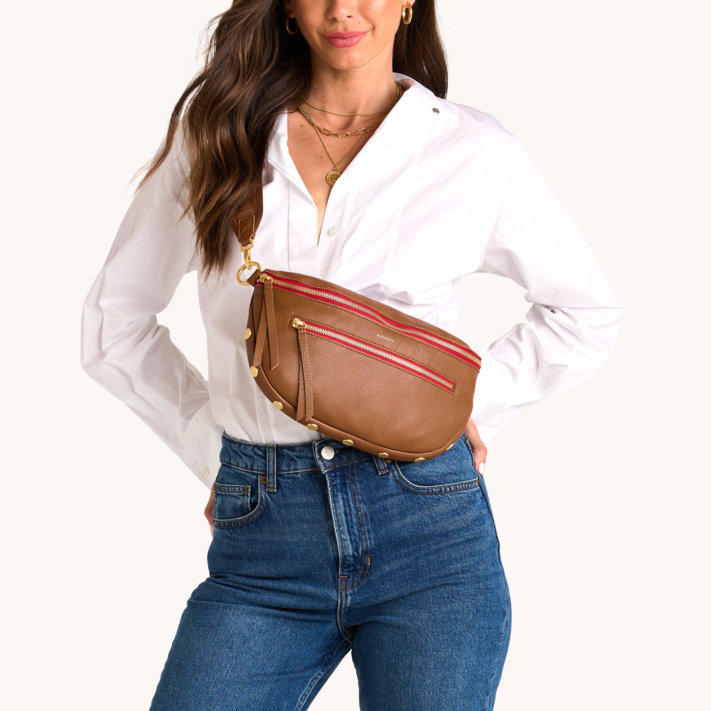 Charles Crossbody | Mahogany Pebble/Brushed Gold Red Zip | Lrg