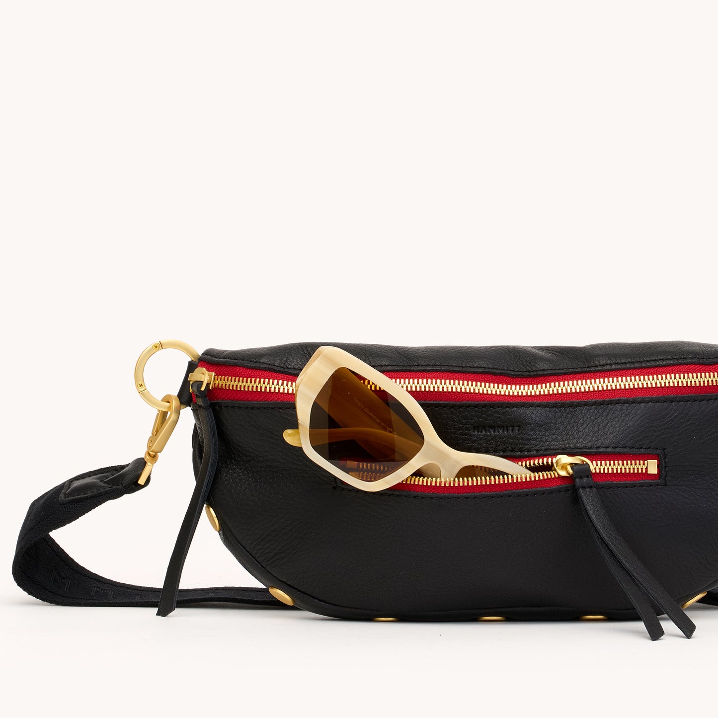Charles Crossbody | Black/Brushed Gold Red Zip | Med