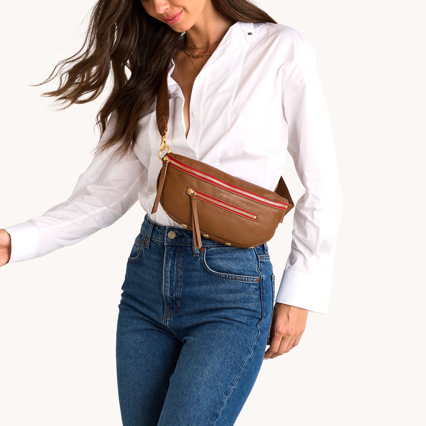 Charles Crossbody | Mahogany Pebble/Brushed Gold Red Zip | Med