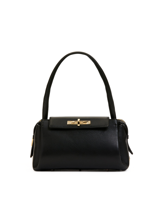 Black handbag with a gold clasp on a white background