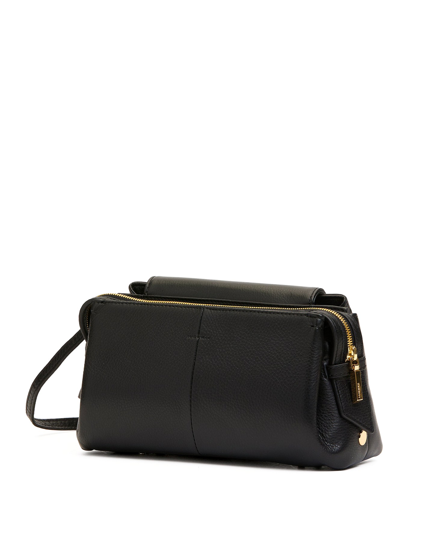 Black handbag with gold zipper on a white background