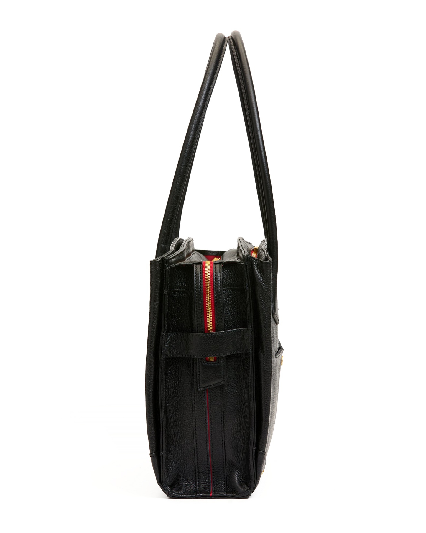 A black leather tote bag shown from a side profile view against a solid white background, featuring a vertical red and orange stripe detail on the front.