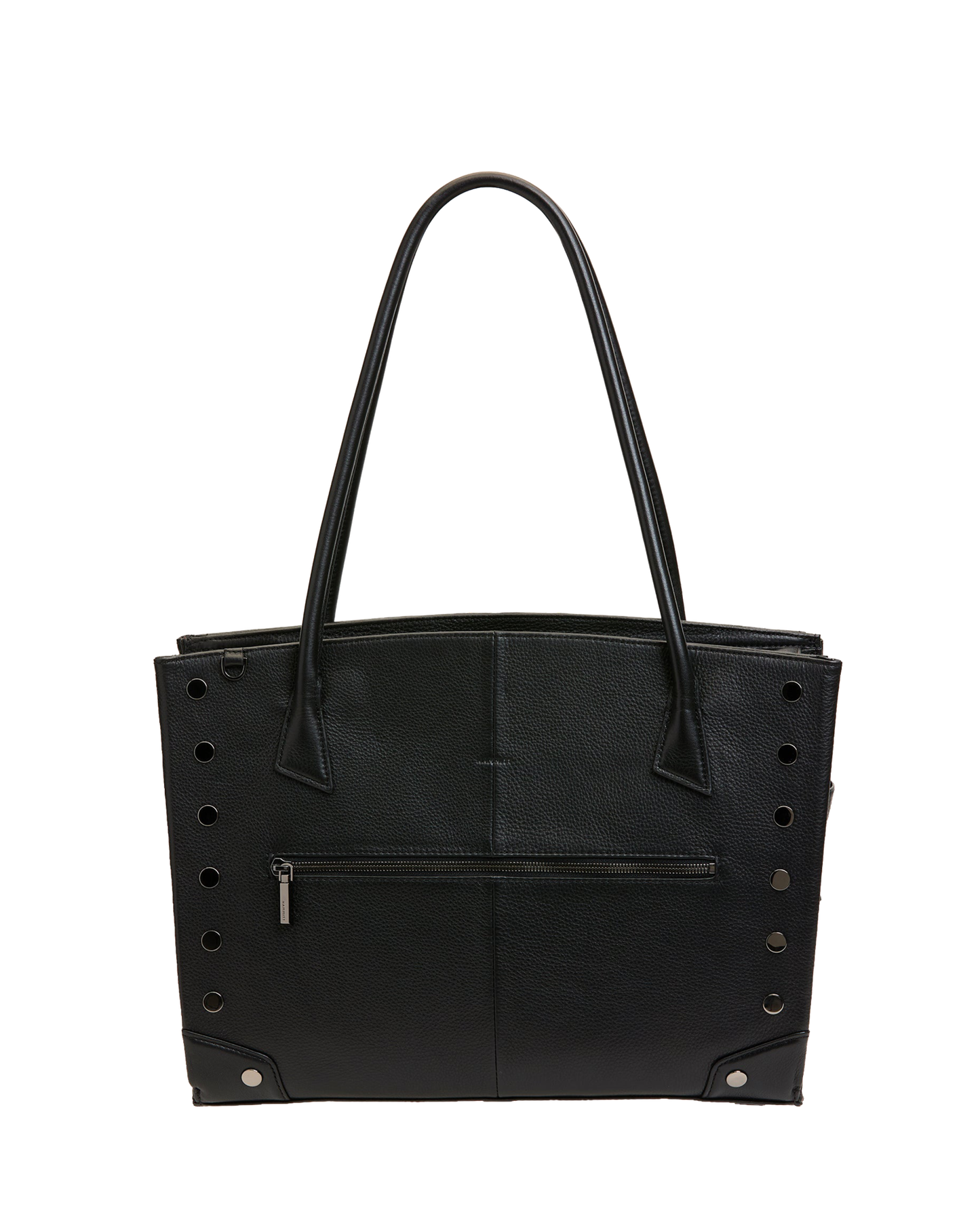 A black pebbled leather tote bag with double shoulder straps, a front zippered pocket, and silver-tone metal studs and rivets, shown against a plain white background.