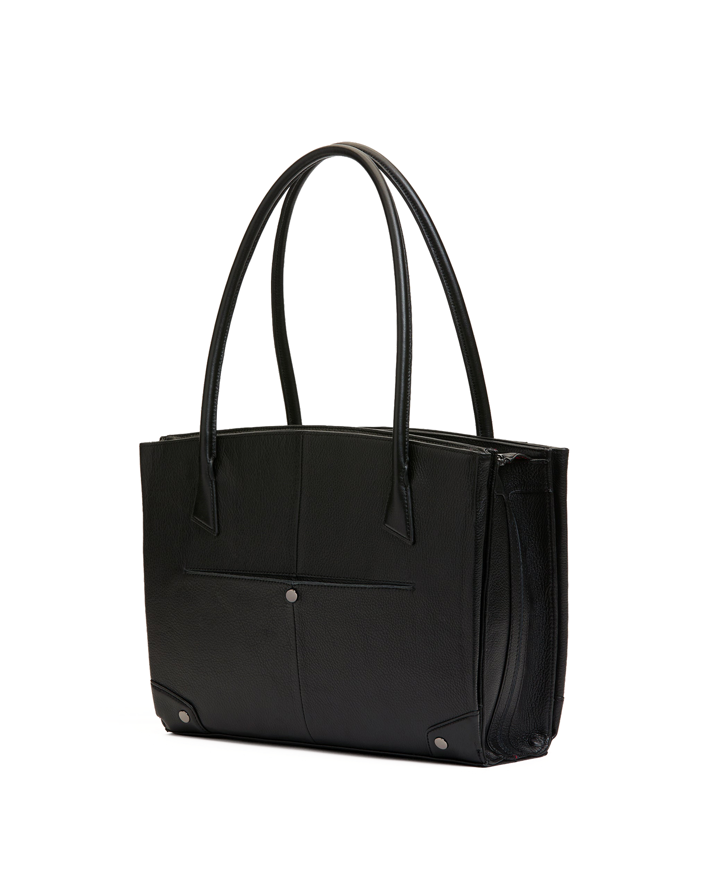 A black leather tote bag with dual top handles, a front slip pocket, and silver-tone hardware, shown on a plain white background.