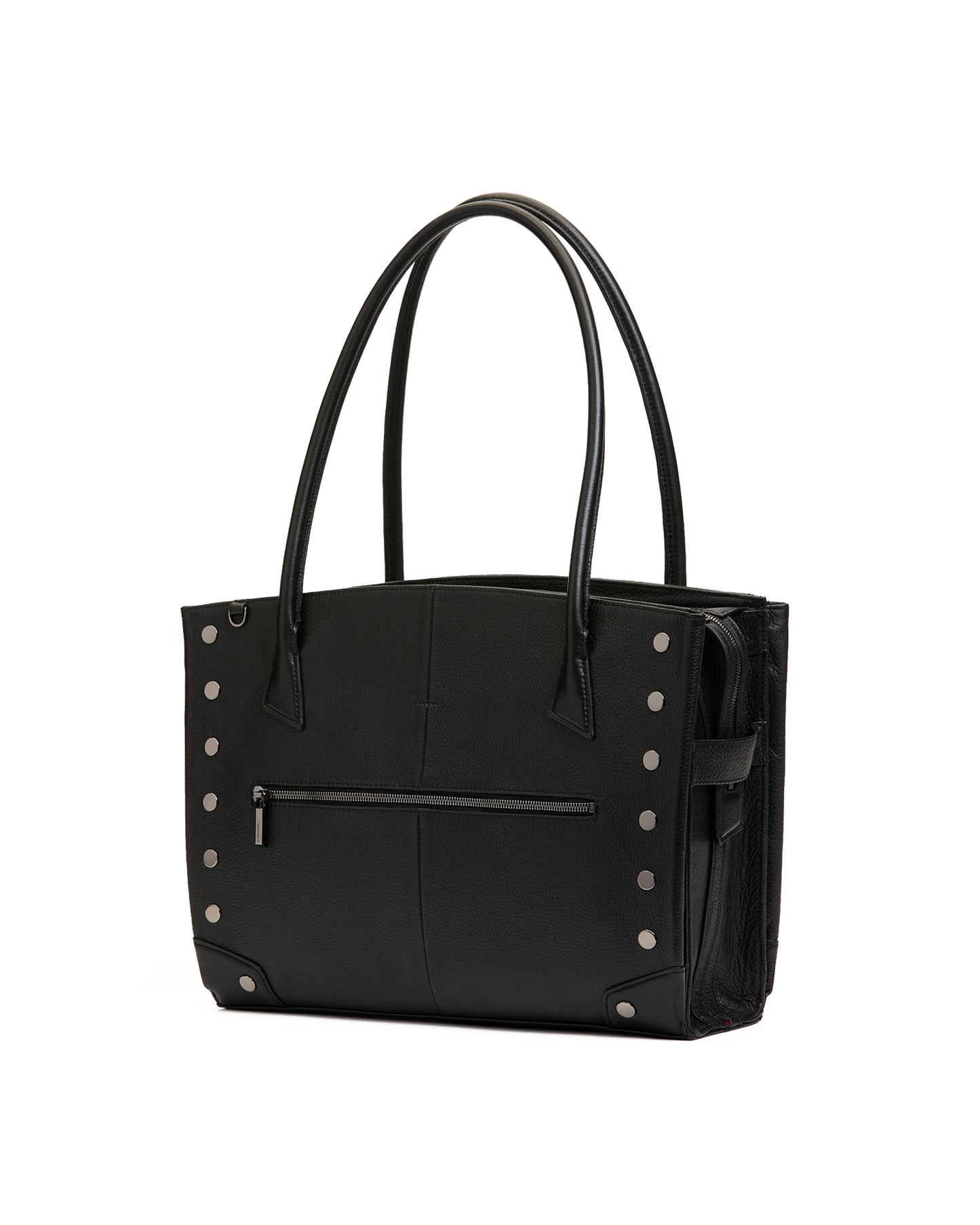 A black leather bag with black hardware being shown in front of a black and grey background.