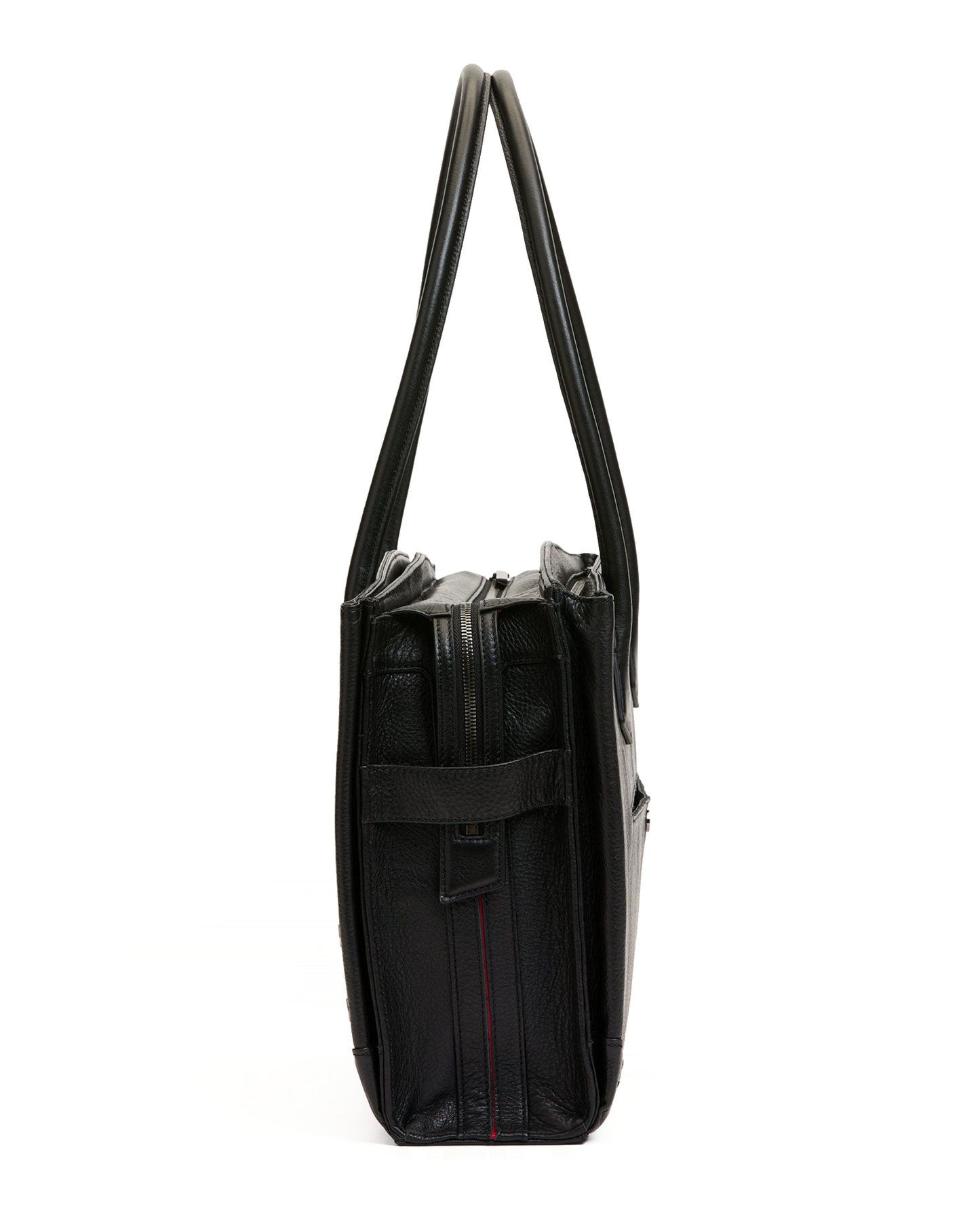 A black leather shoulder bag shown from the side profile against a solid white background.