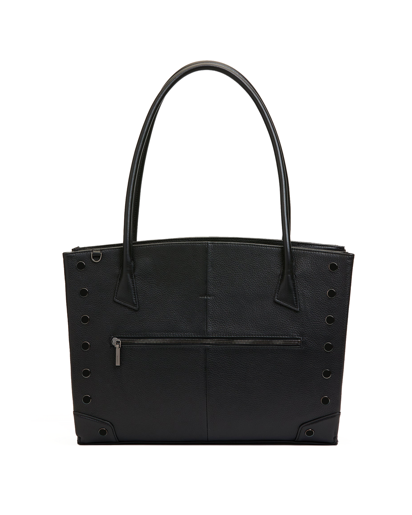 A black pebbled leather tote bag with double top handles, a front zippered pocket, and silver-tone metal studs, shown against a plain white background.