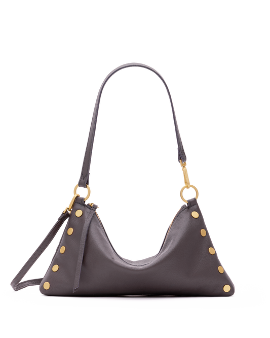 A dark gray leather shoulder bag with gold-tone studs and hardware, shown on a plain white background.