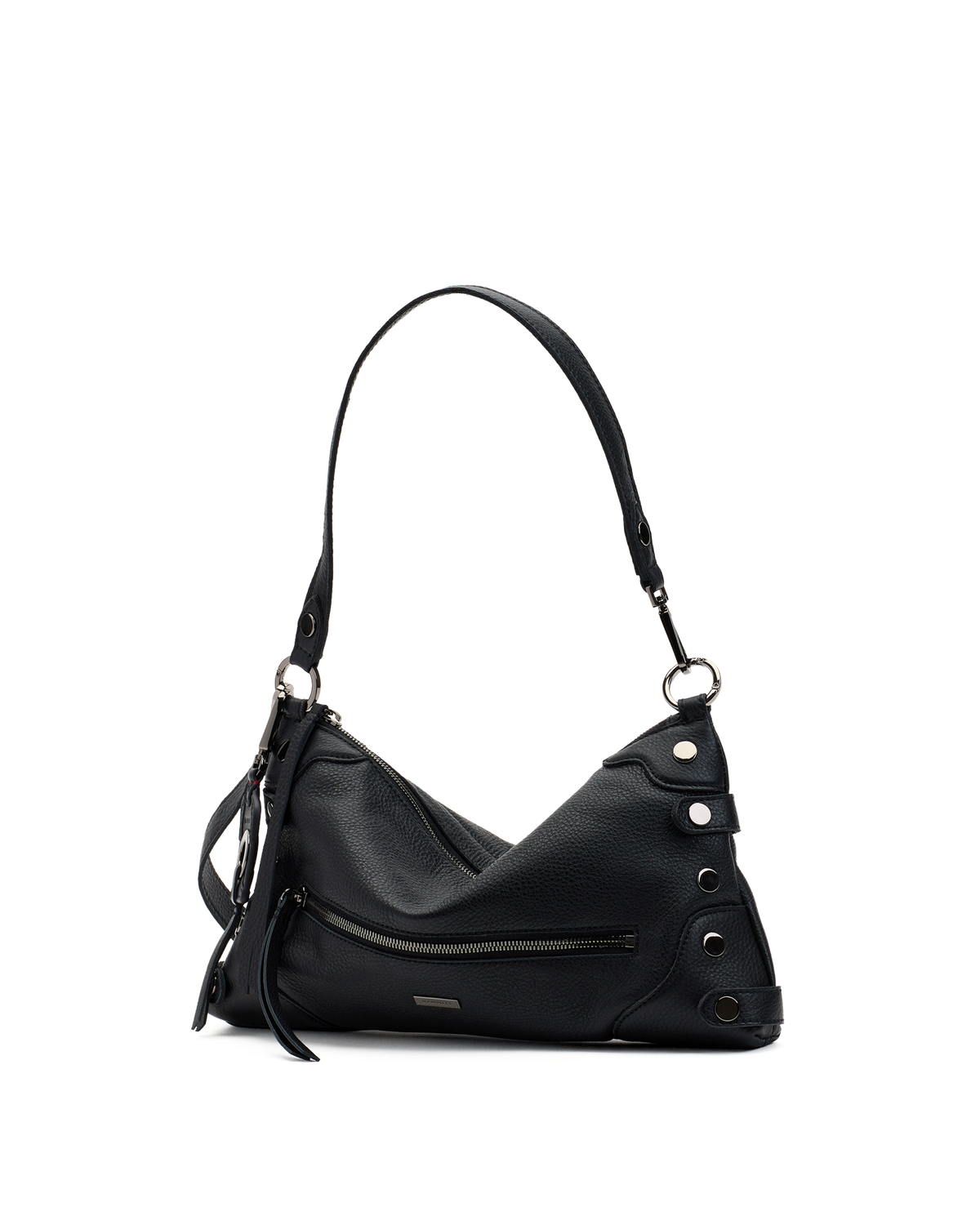 A black pebbled leather shoulder bag with a curved slouchy silhouette, featuring a single shoulder strap, a front zip pocket, and decorative silver-tone rivets and grommets on the side.
