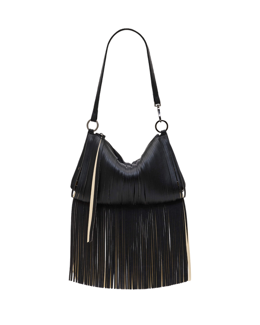 A black leather shoulder bag with a long fringe design and a single strap, shown against a plain white background.
