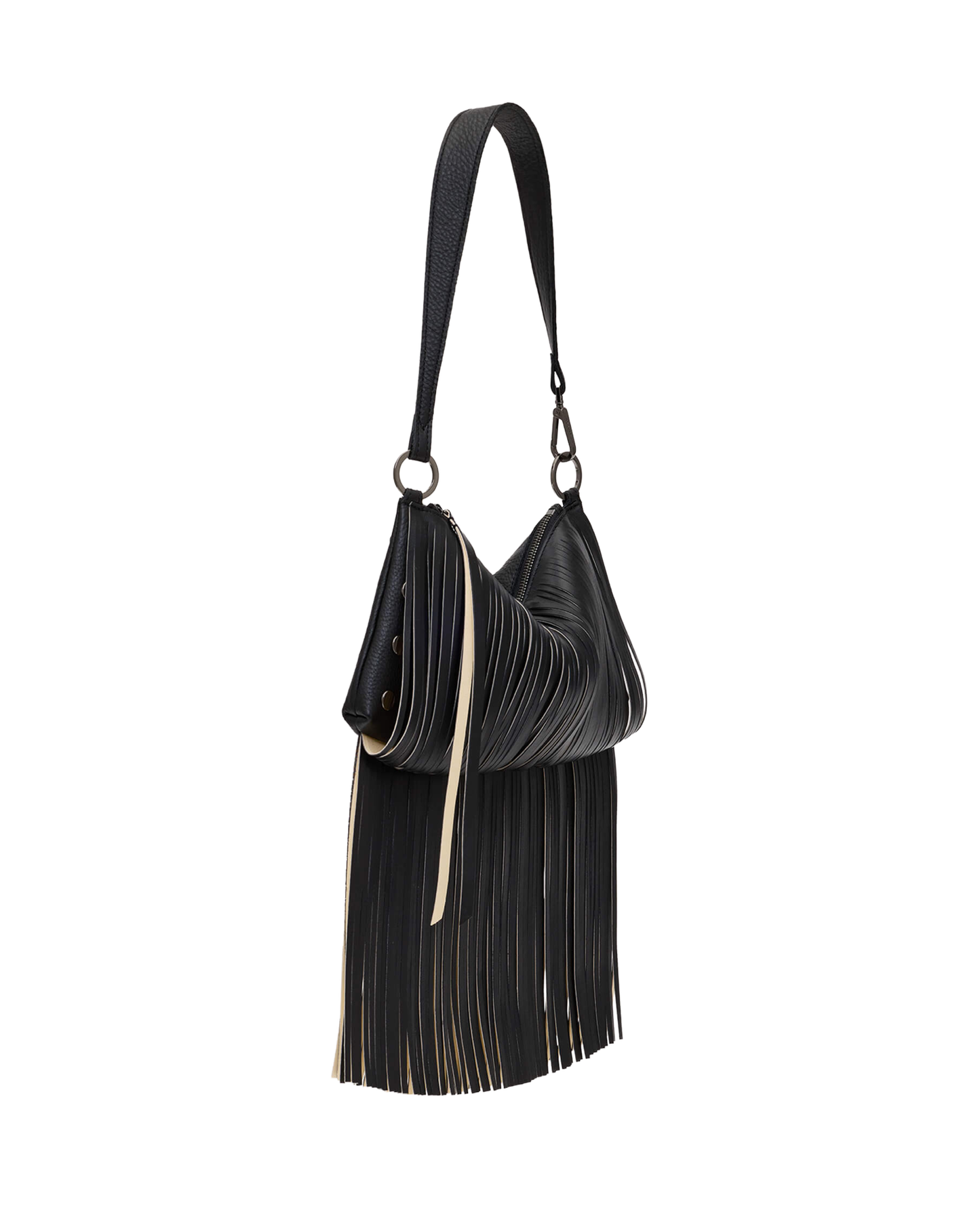 A black leather shoulder bag with a long fringe tassel detail and a single strap, shown against a plain white background.