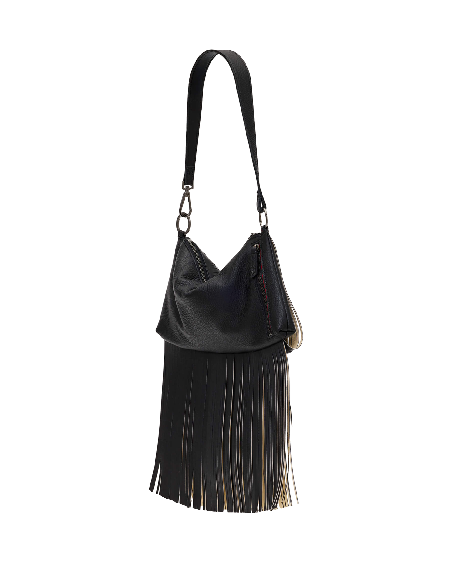 A black leather shoulder bag with a long fringe bottom and a single shoulder strap, shown against a plain white background.