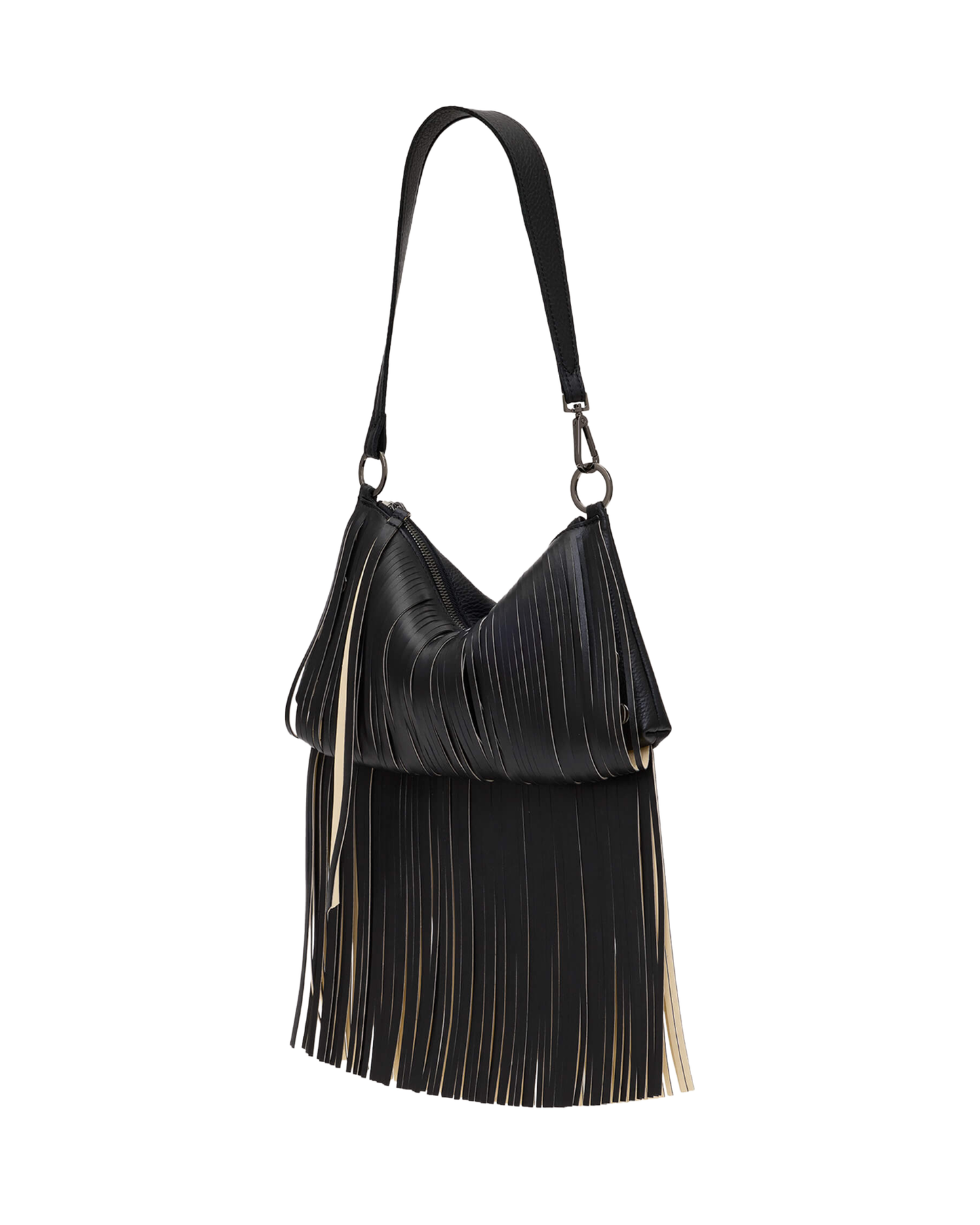 A black leather shoulder bag with a long strap and cascading fringe details, shown against a plain white background.
