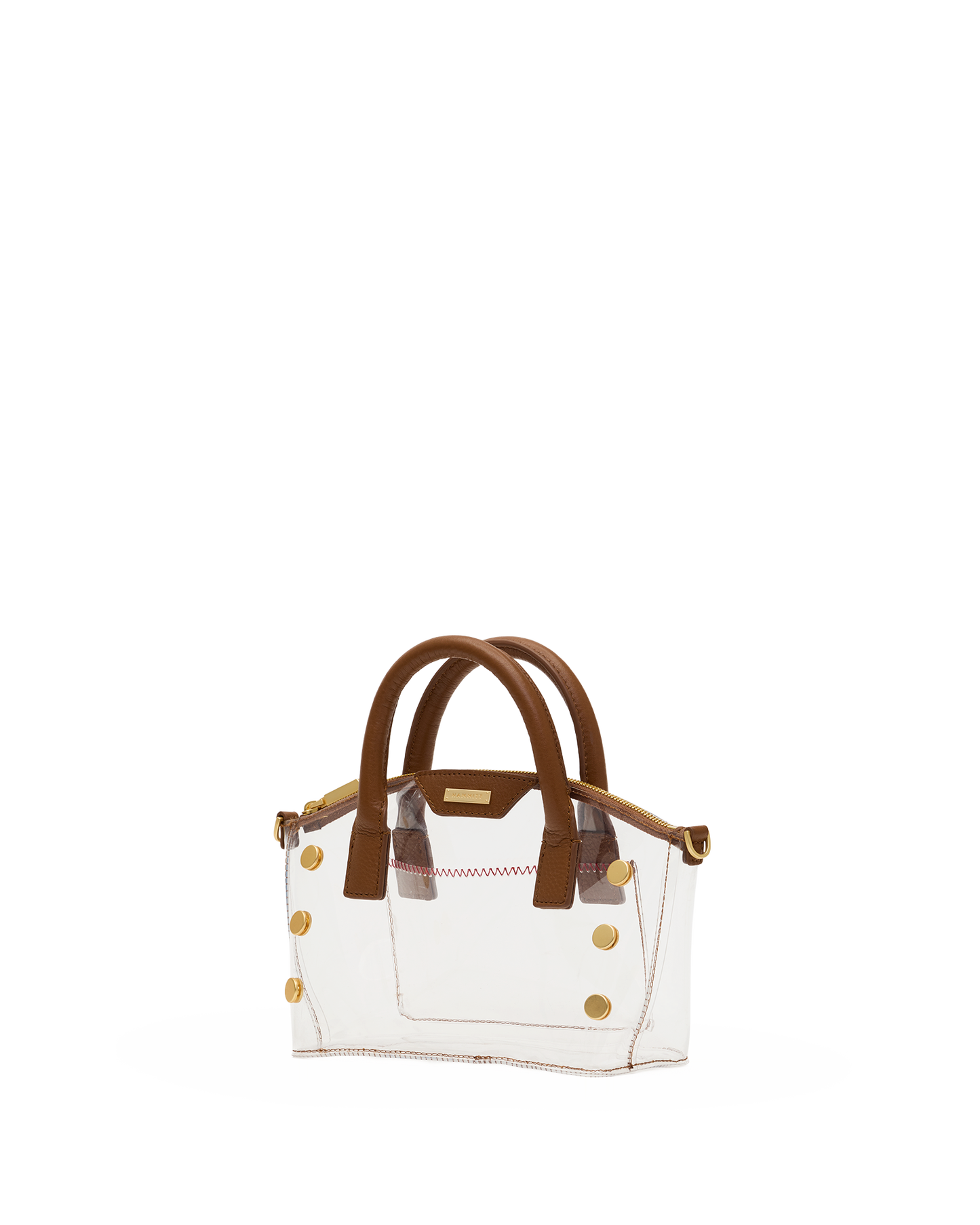 A small structured handbag with a clear transparent body, brown leather handles and trim, and gold-tone hardware.