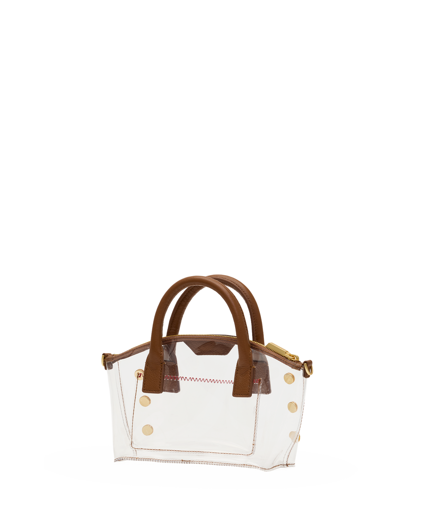 A clear plastic handbag with brown faux-leather handles and trim, accented by gold-tone hardware and a small red stitched detail on the front.