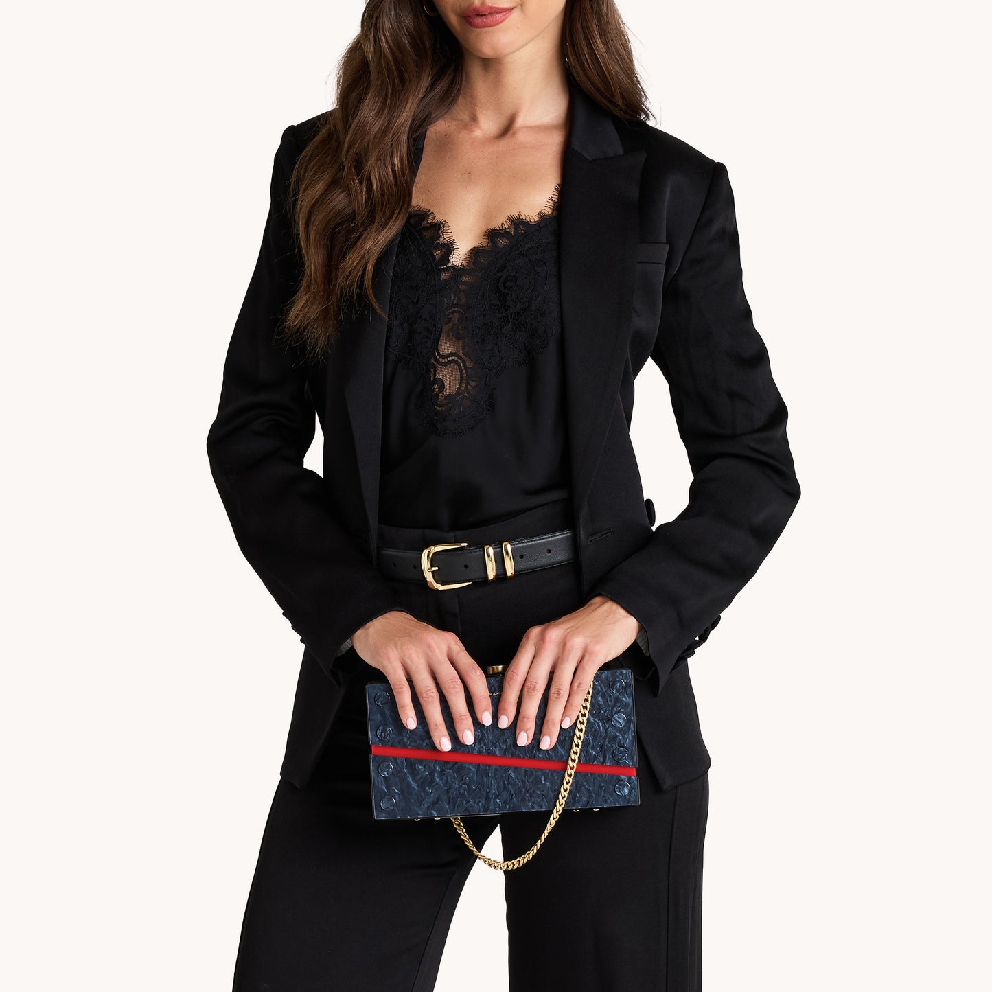 Soiree-Clutch-Carrara-Black-Brushed-Gold-Med-Model-View-3