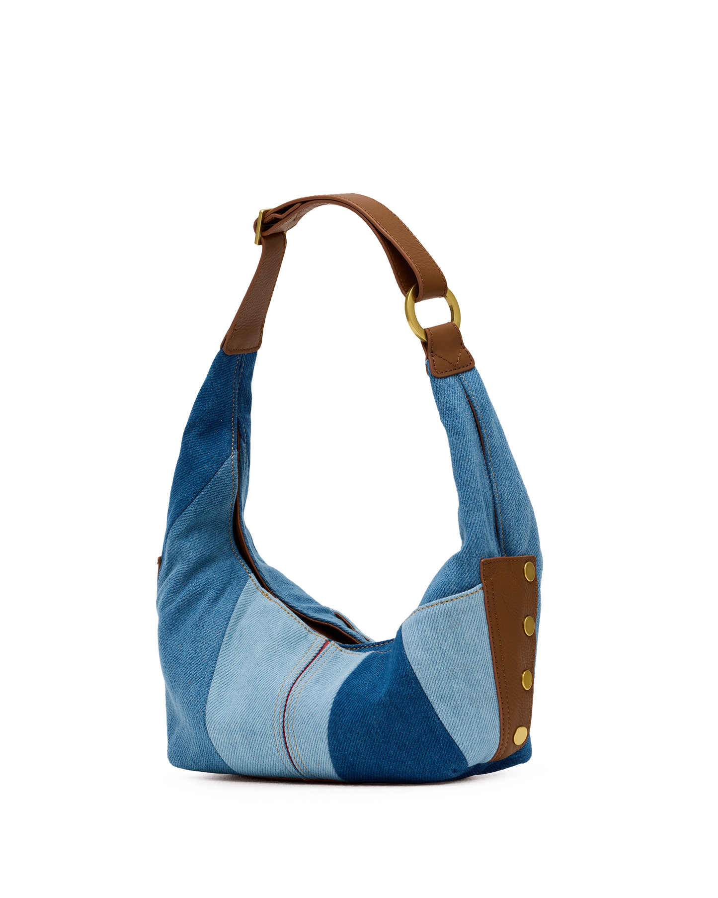 Blue denim handbag with brown leather accents on a white background