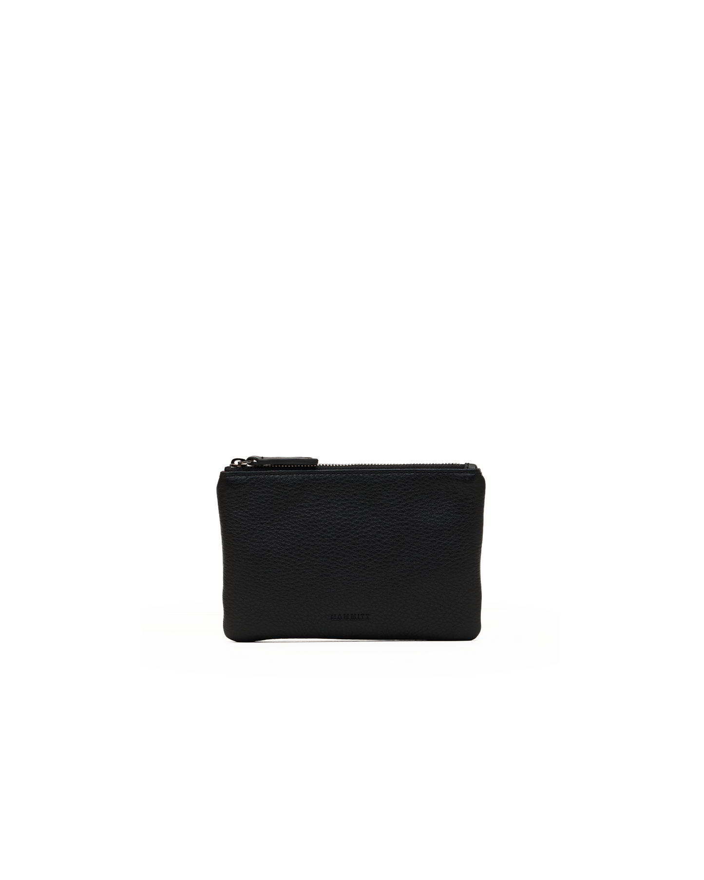 A small black leather zip pouch with a pebbled texture, shown against a plain white background.