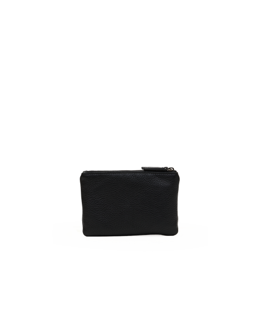 A small black pebbled leather zip pouch with a top zipper pull, shown against a plain white background.