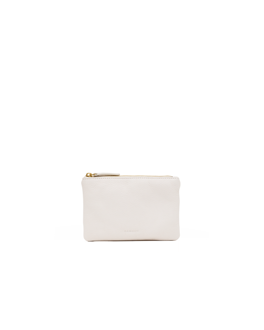 A small off-white leather zip pouch with gold-tone hardware, centered on a plain white background.