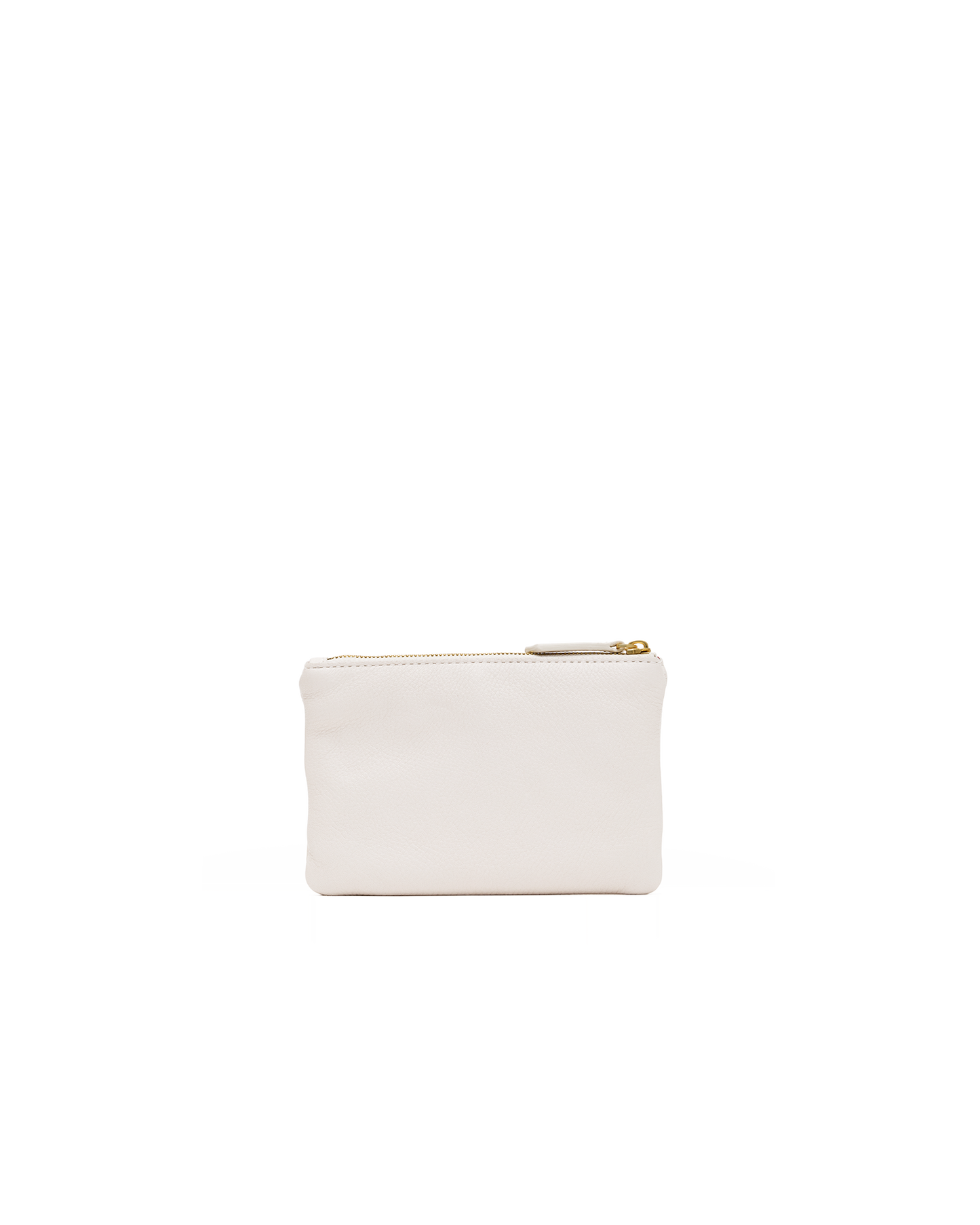 A small off-white leather zip pouch with a gold zipper pull, centered on a plain white background.