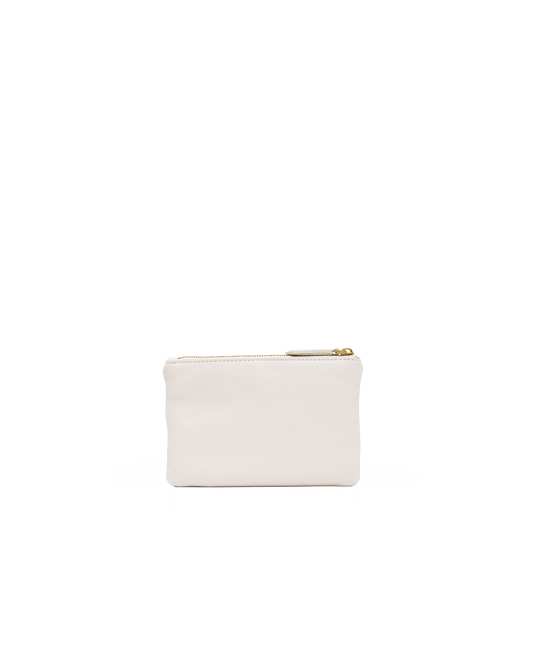 A small off-white leather zip pouch with a gold zipper pull, centered on a plain white background.
