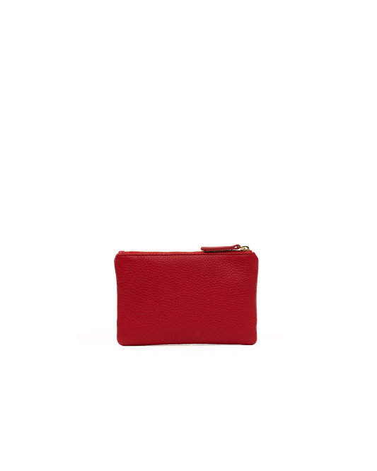A small red leather zip pouch with a pebbled texture and a gold-tone zipper pull, centered on a plain white background.