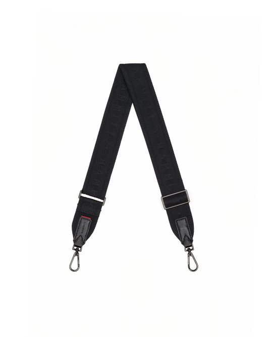 A black fabric camera shoulder strap with silver metal clips and silver adjustment sliders, laid out in a V-shape.