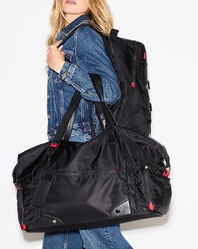 Ivy Weekender black nylon duffle bag and Eden Backpack black nylon, with red details