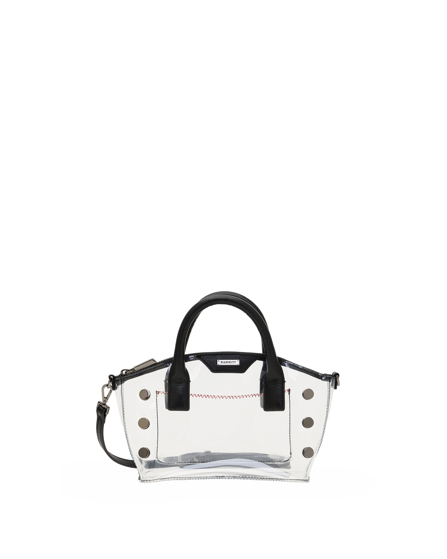 A clear transparent handbag with black leather handles and trim, silver-tone studs, and a small red stitched detail on the front, shown against a plain white background.