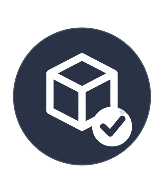 White icon of a box with a check mark on a navy blue circle