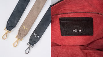 Image of Monogramming on leather straps and in side leather pocket.