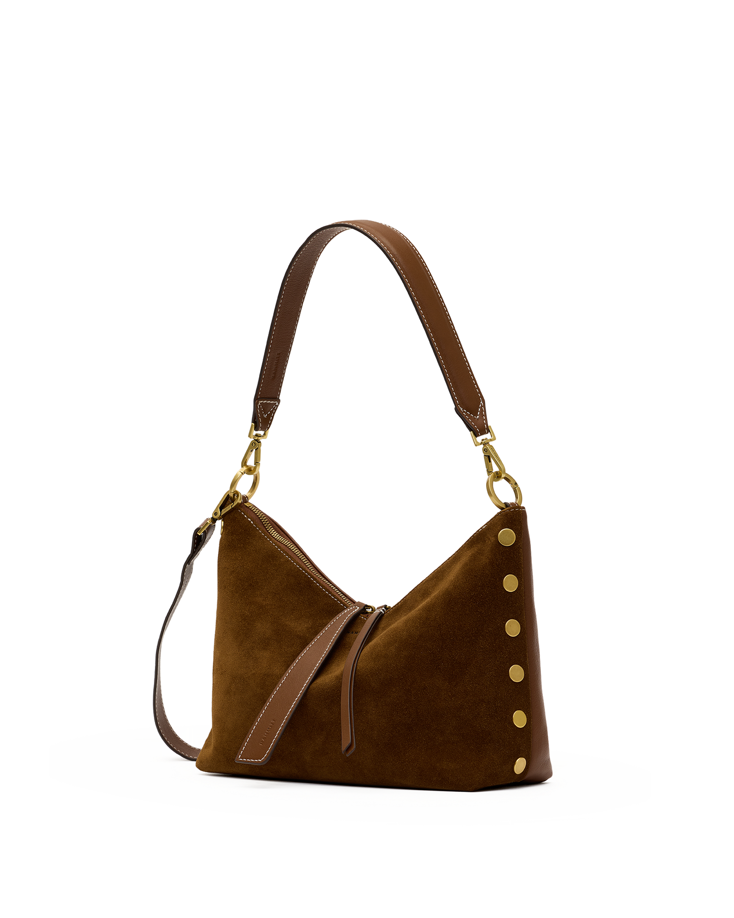 A brown suede hobo shoulder bag with gold-tone hardware, featuring a single shoulder strap, a detachable crossbody strap, and decorative gold studs along the side.
