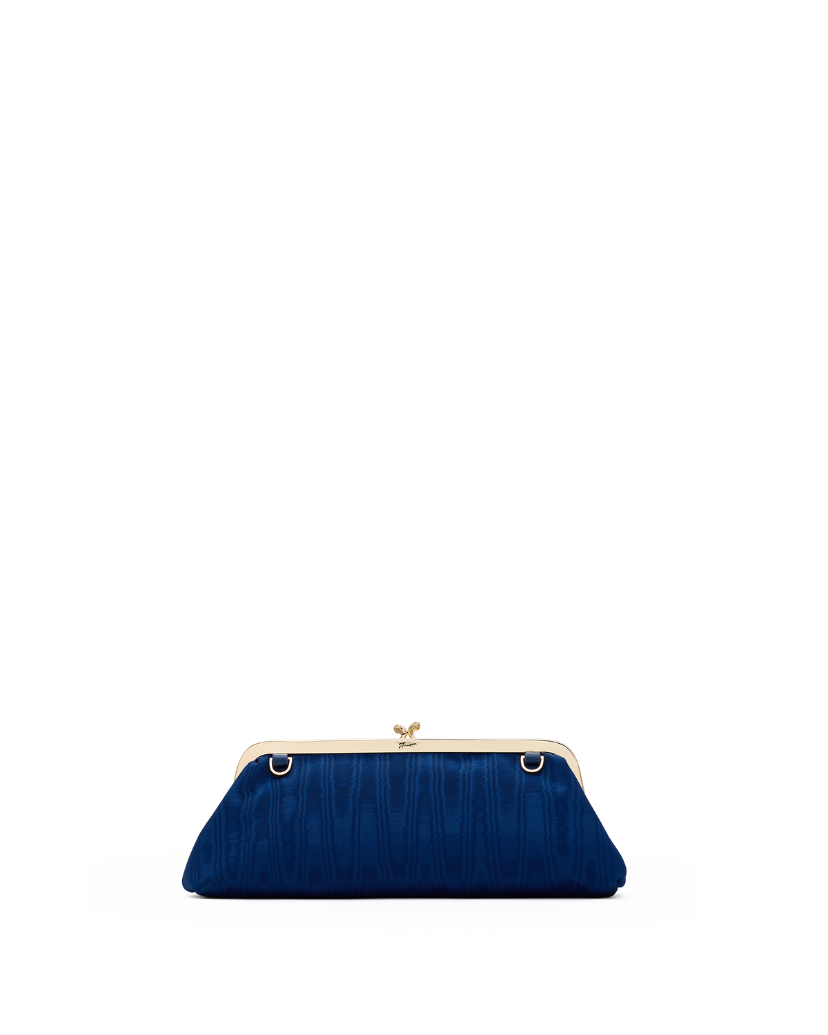 A dark blue pleated clutch bag with a gold-tone metal frame and kiss-lock clasp, shown against a plain white background.