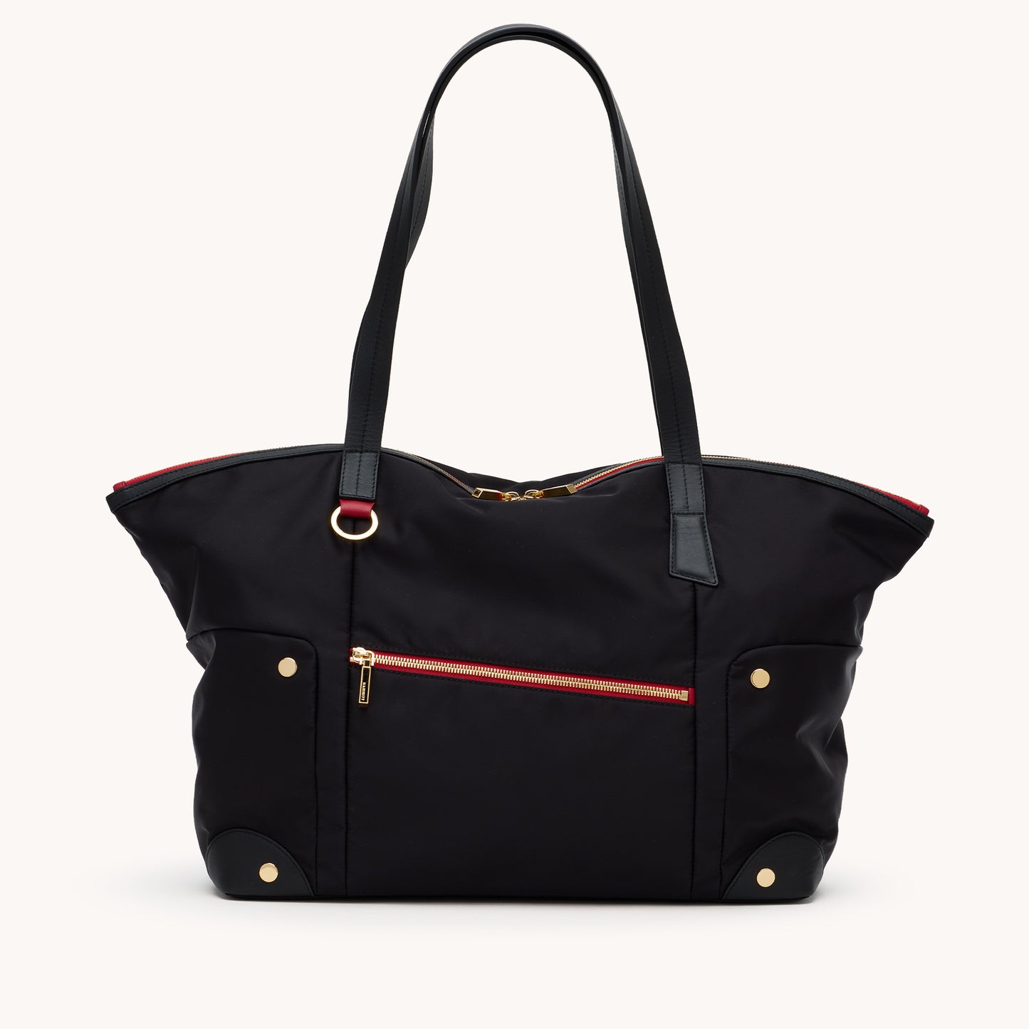 Zoe-Tote-Black-Nylon-G-Red-Zip-Front-View