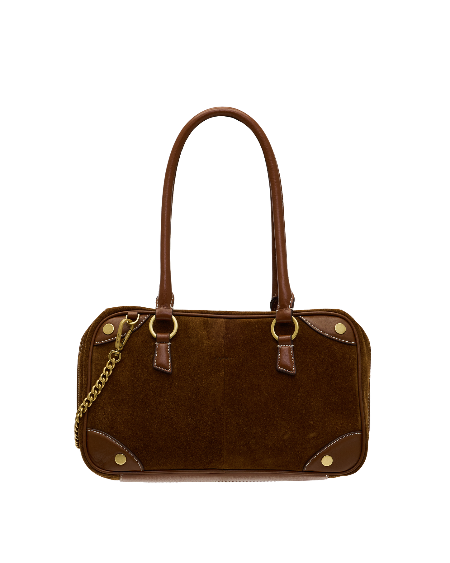 A brown suede and leather handbag with double top handles, gold-tone hardware, and a gold chain strap