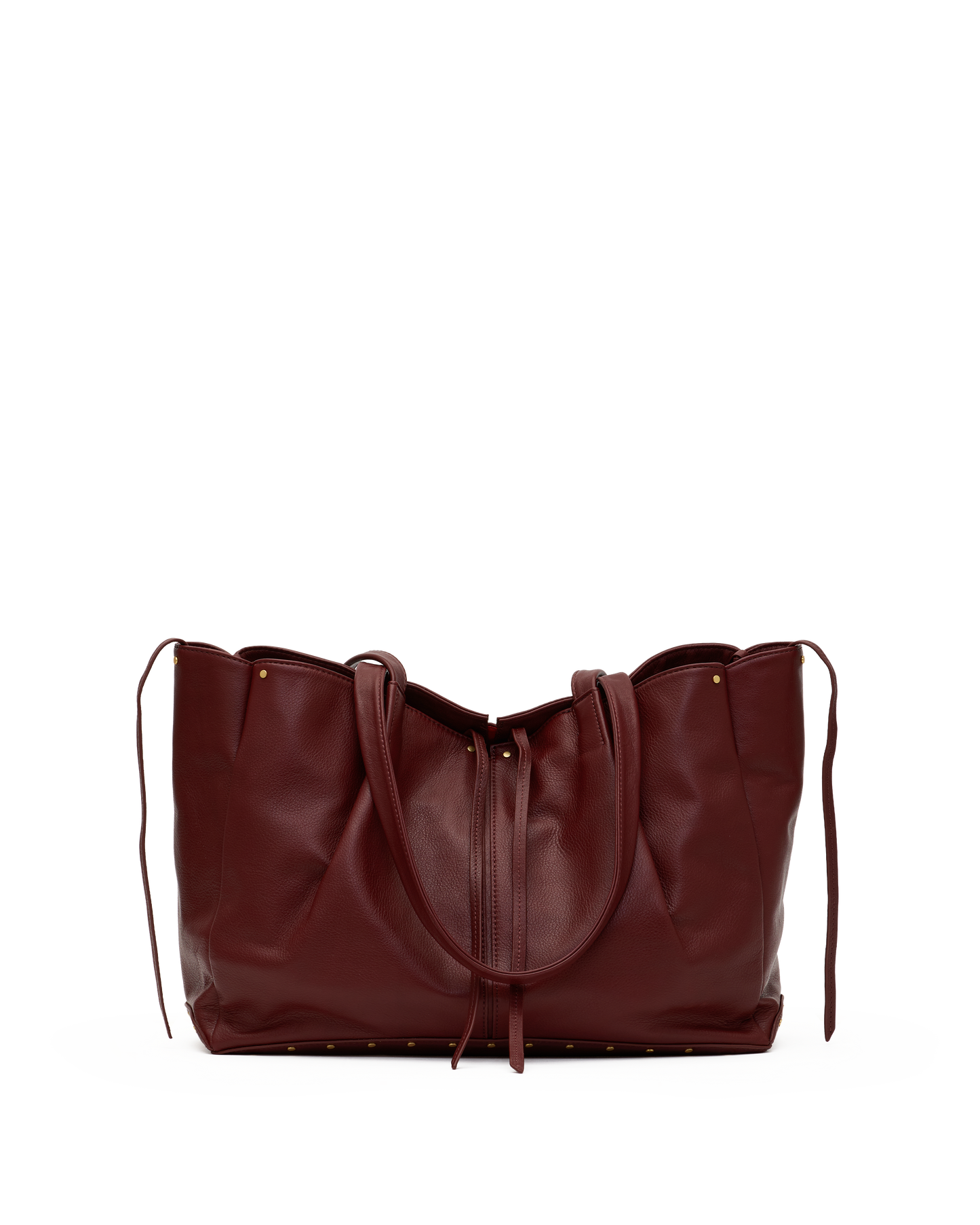 A dark burgundy leather tote bag with double shoulder straps, a front zipper closure, and small gold-tone metal studs along the base, shown against a plain white background.