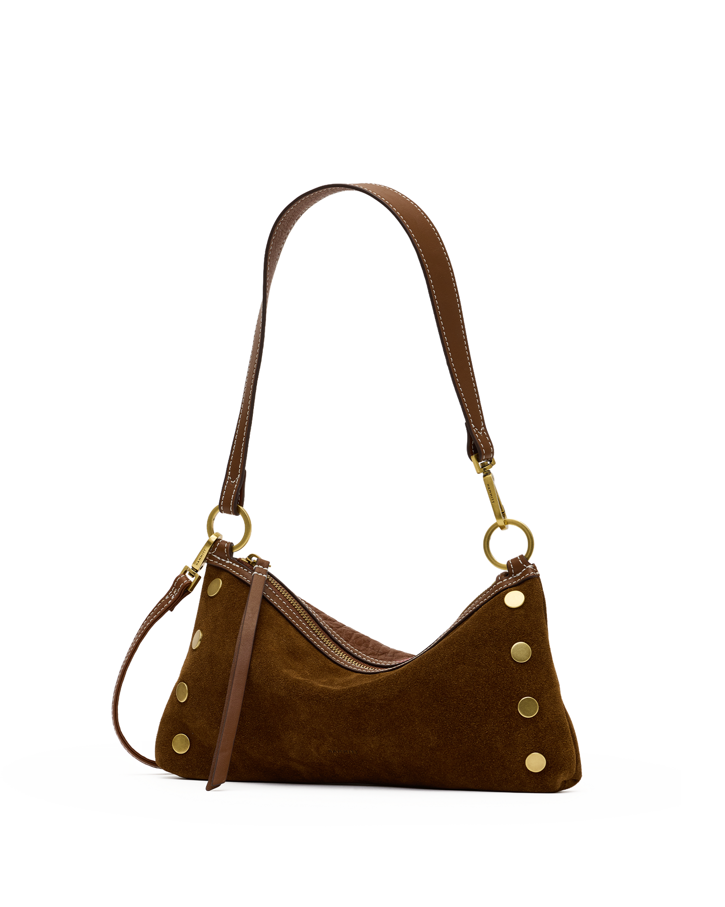 A brown suede shoulder bag with gold-tone hardware and a long shoulder strap.