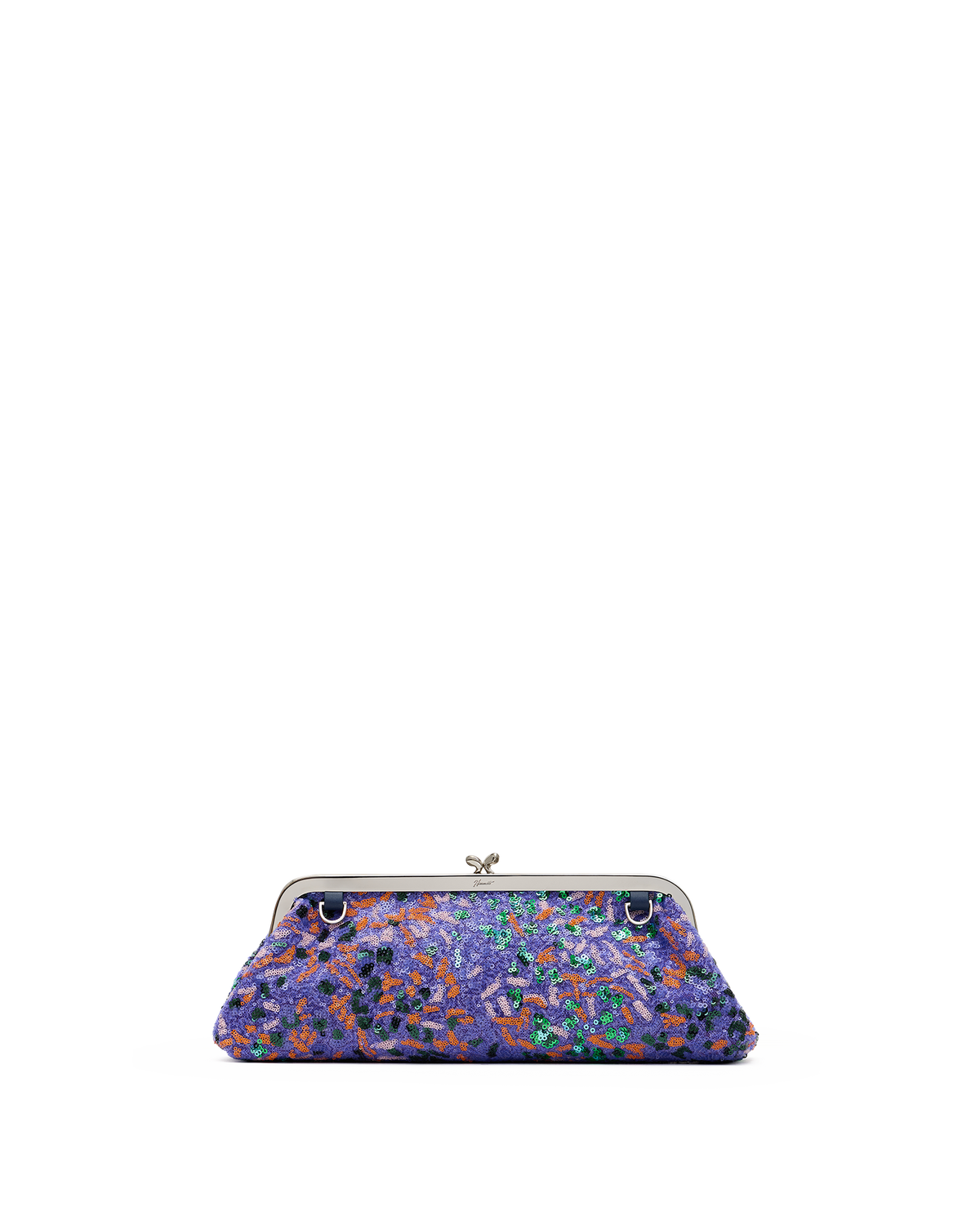 A small kiss-lock clutch bag with a dense multicolor floral and abstract print in purple, blue, orange, and green, featuring a silver-tone metal frame and clasp.