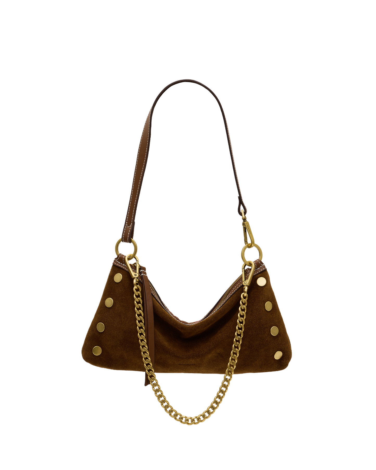 A brown suede crescent-shaped shoulder bag with gold-tone hardware, featuring a long shoulder strap, a gold chain link detail, and decorative gold studs on the sides.