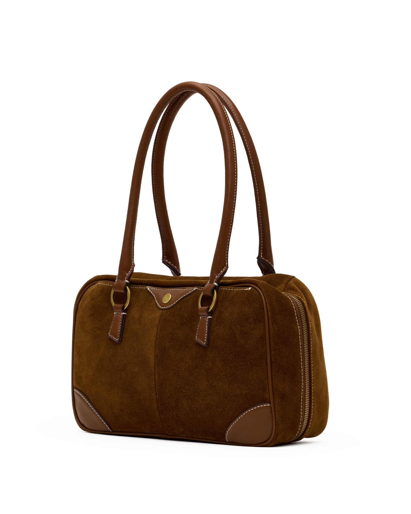 A brown suede handbag with brown leather handles and trim, featuring brass-tone hardware